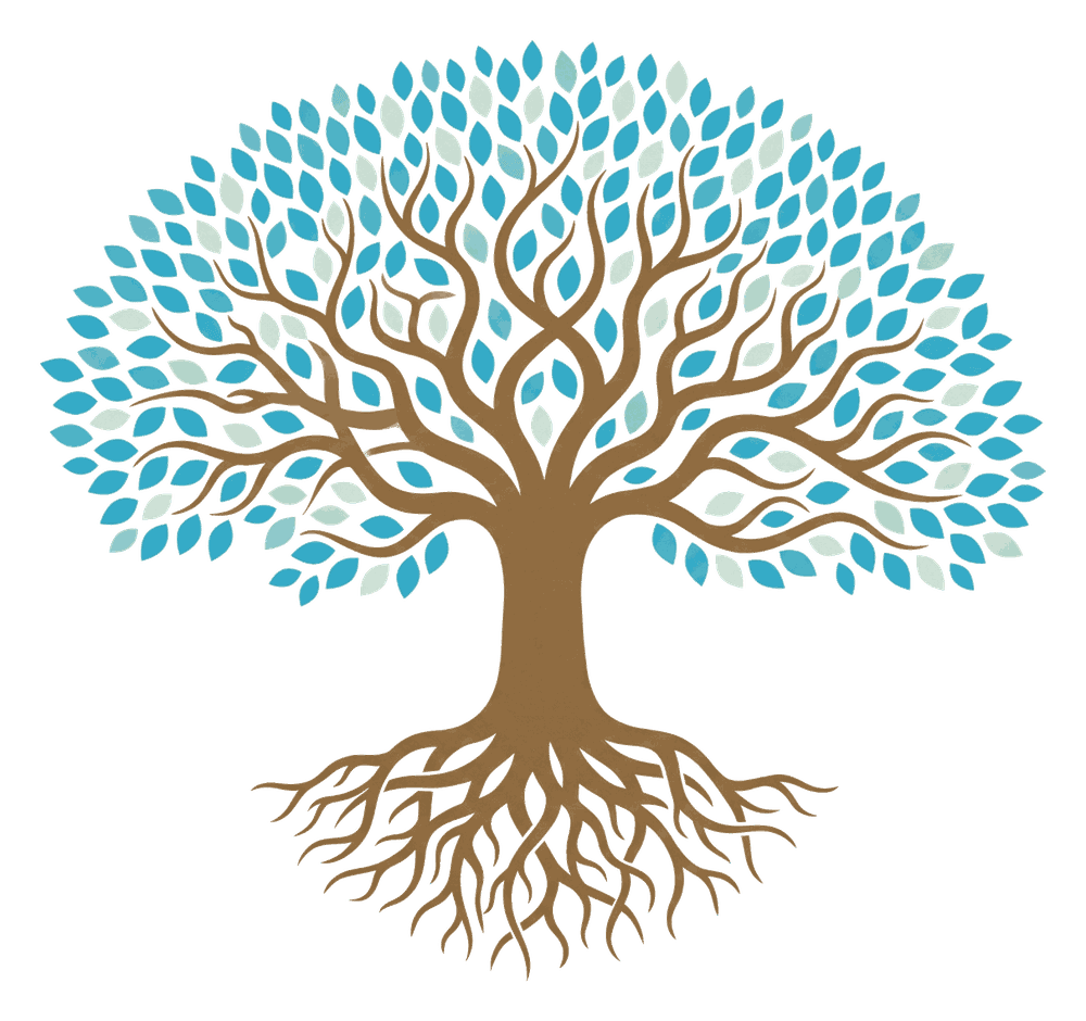 Ilustração de uma árvore frondosa com raízes profundas